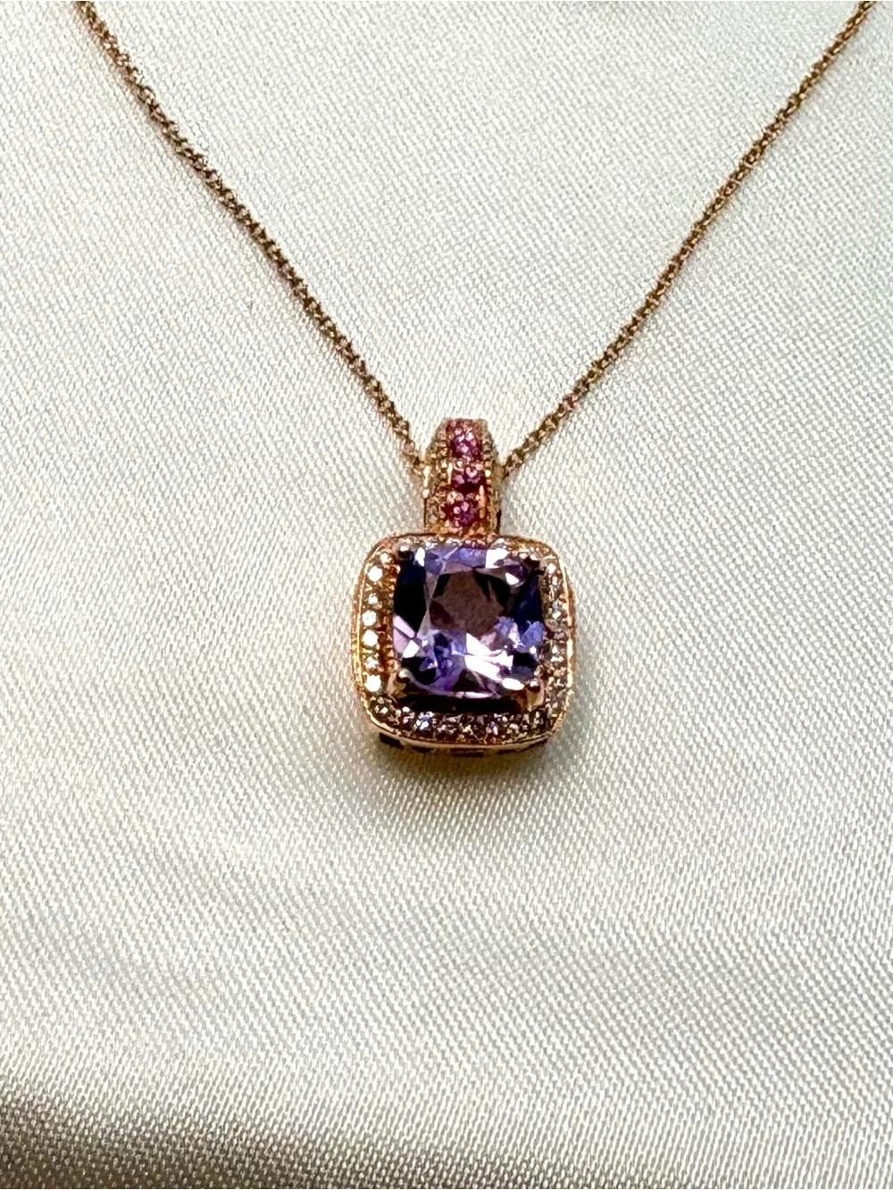 Levian Amethyst Pink Sapphire and Diamond Necklace Pendant 14k Rose Gold